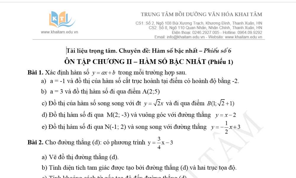 Toán 9: Tài liệu trọng tâm. Chuyên đề: Hàm số bậc nhất. Phiếu 6: Ôn tập Chương 2